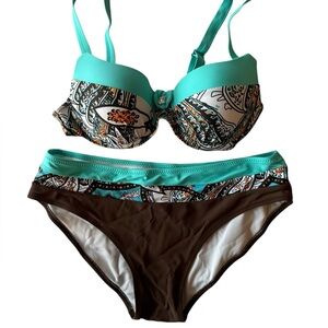 Brown and Teal Bikini swimsuit bathing suit set, rhinestone, small